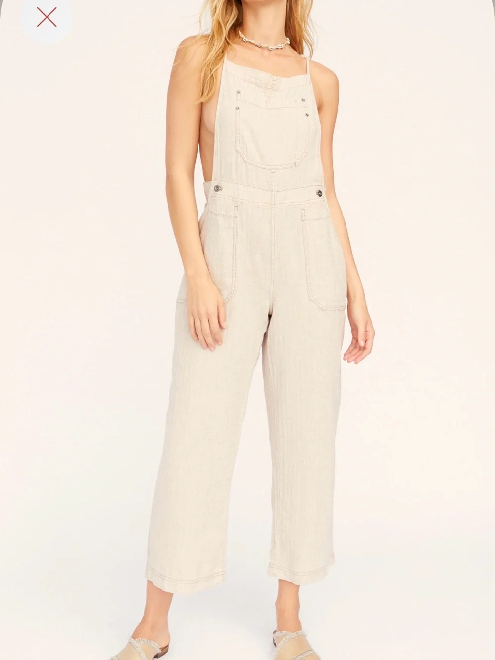 Free People Cream Linen-Blend Wide-Leg Overalls